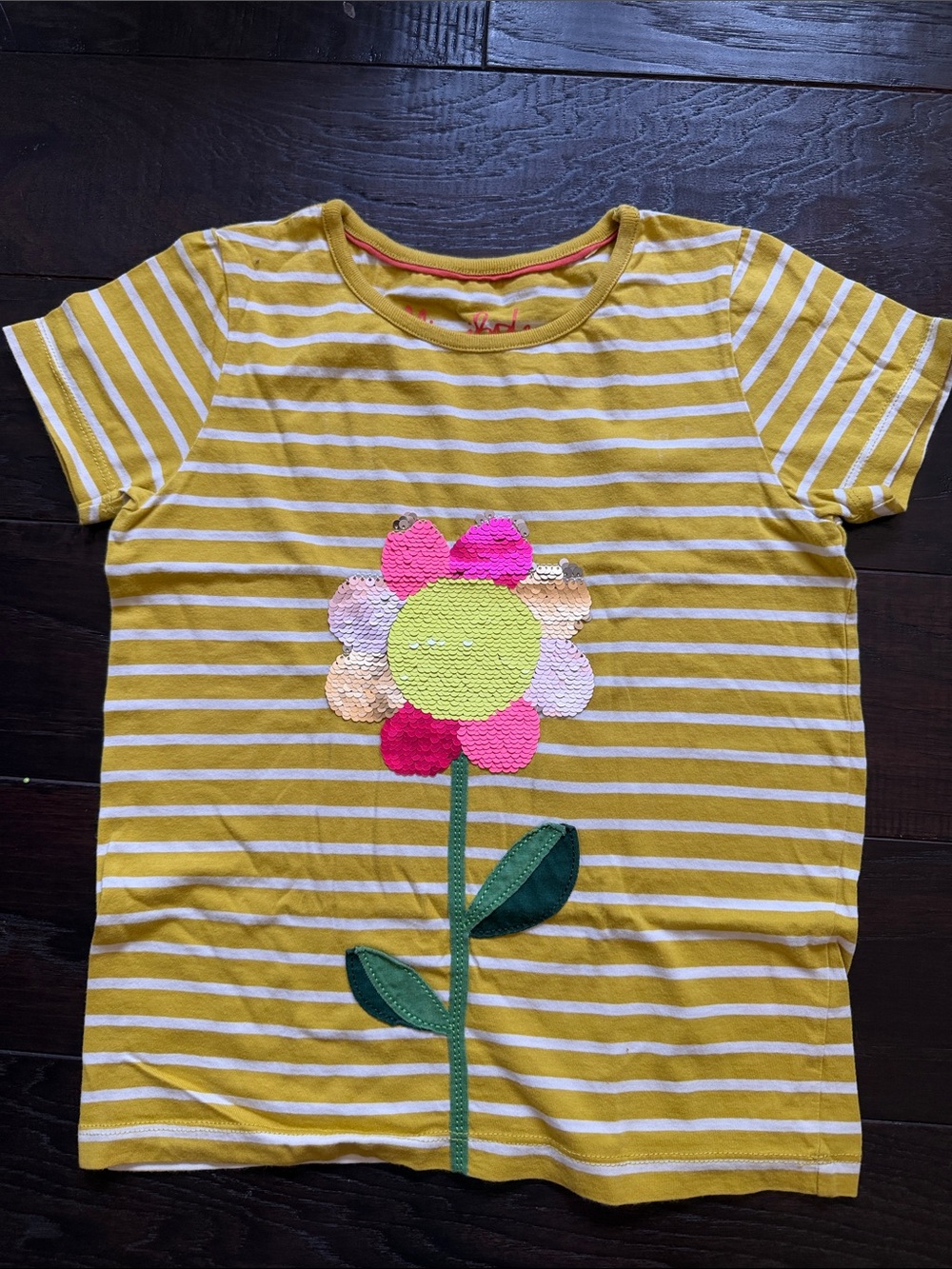 Mini Boden Girls' Yellow Stripe Flower Sequin Tee